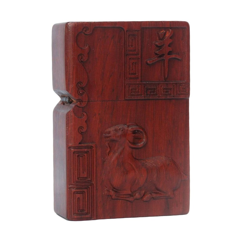 2025 New Natural Red Sandalwood for Zippo Lighter Case - Hand-Carved Rosewood Shell Box - Replacement Case Only (Not Include Insert) (Zodiac Sheep)