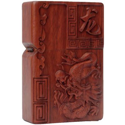 2025 New Natural Red Sandalwood for Zippo Lighter Case - Hand-Carved Rosewood Shell Box - Replacement Case Only (Not Include Insert) (Zodiac Dragon)