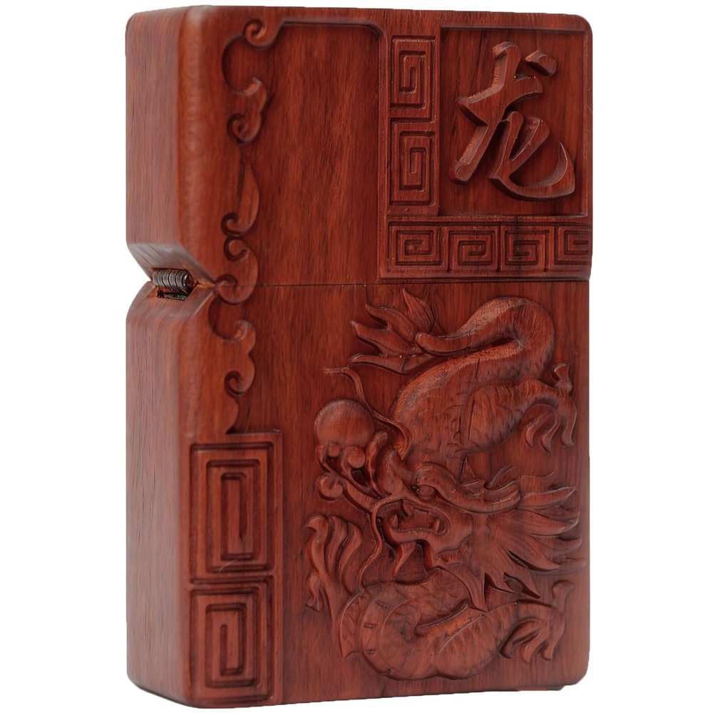 2025 New Natural Red Sandalwood for Zippo Lighter Case - Hand-Carved Rosewood Shell Box - Replacement Case Only (Not Include Insert) (Zodiac Dragon)