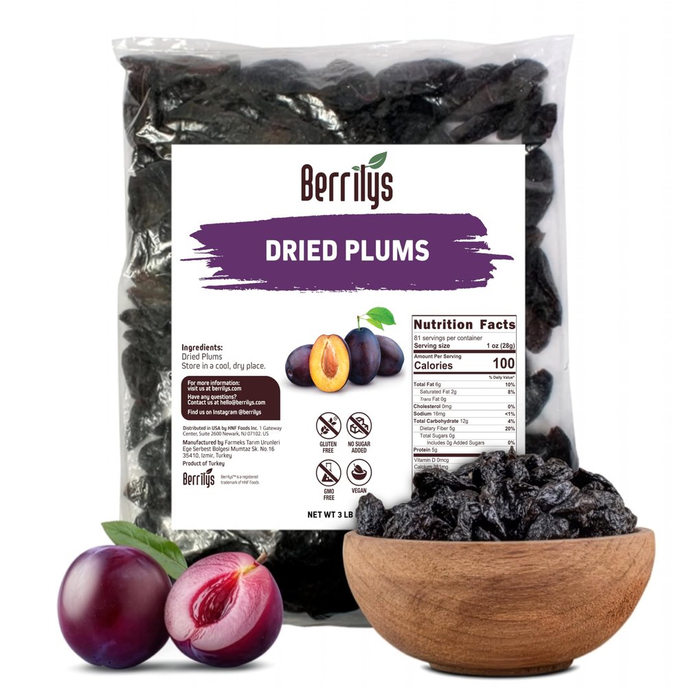 Berrilys Premium Dried Plums 3 lb (48 oz) Naturally Sweet & Juicy Pitted Prunes, No Added Sugar, Non-GMO, Gluten-Free, Rich in Fiber & Antioxidants Perfect Healthy Snack & Baking Ingredient