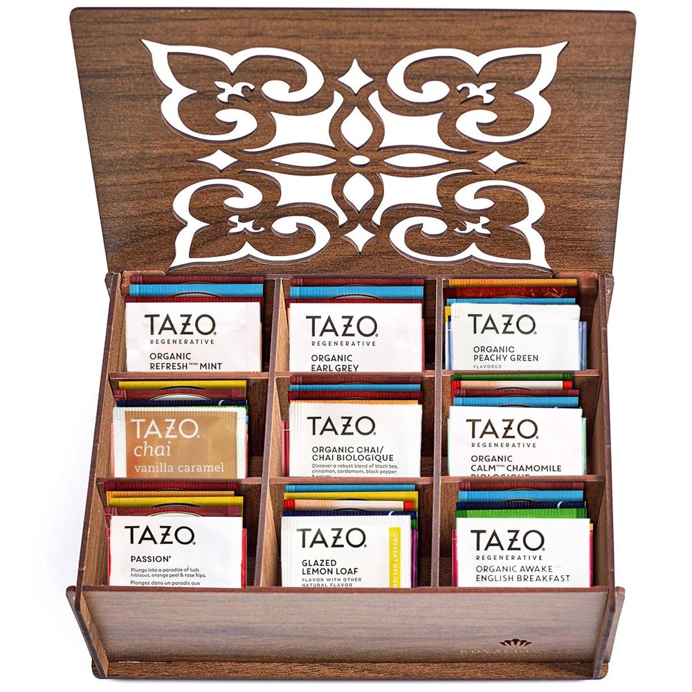 Eva's Gift Universe, Tea Bags Sampler Variety in Wooden Walnut Tea Bag Organizer (80 Count) 9 Different Flavors Gifts for Parents Mom Dad Tea Lovers Couples