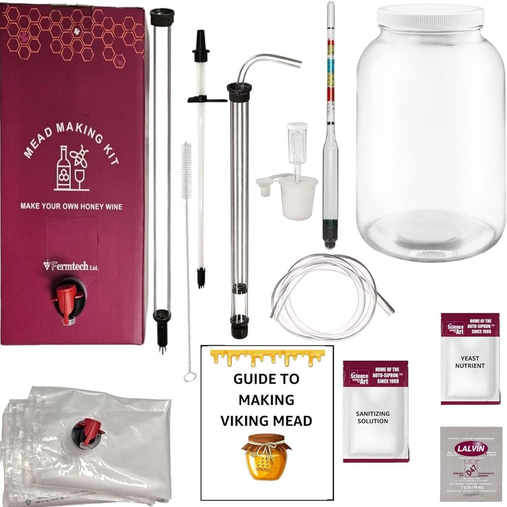 21 Piece Deluxe Mead Making Kit - Reusable Make Your Own Mead Kit - Yields 1 Gallon of Mead | Beer Wine Fruit Wine Kombucha Compatibility