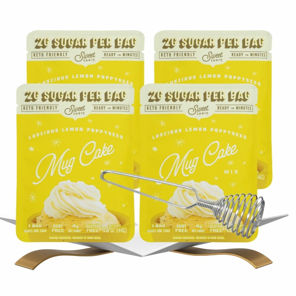 4x Sweet Logic Cake Mix Lemon Poppyseed 1.6 oz Bundle with Silver French Whisk Low-Sugar High-Protein Mug Cake Mix for Gluten-Less Lemon Poppyseed Muffins and Keto-Friendly Baking Gift Set (5 Items)