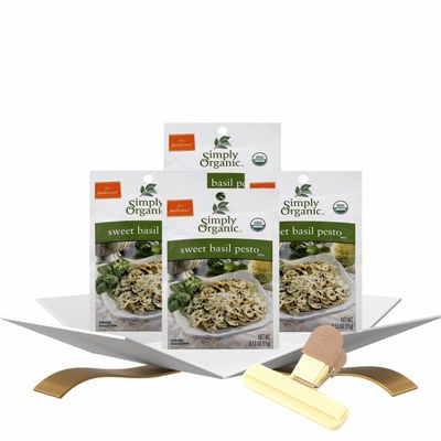 4x Simply Organic Pesto Sauce Mix Sweet Basil (0.53 OZ) Bundle with Plastic Bag Clip for Sauce Preparation and Pantry Storage Gift Set (5 Items)