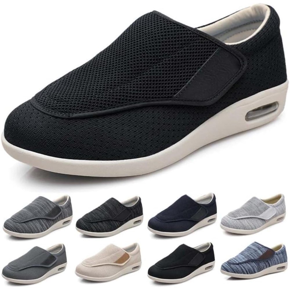 Diabetic Shoes for Edema, Extra Width, Lightweight Walking Shoes, Adjustable Closure, Breathable Non-Slip Sneakers with Air Cushion for Swollen Feet Black