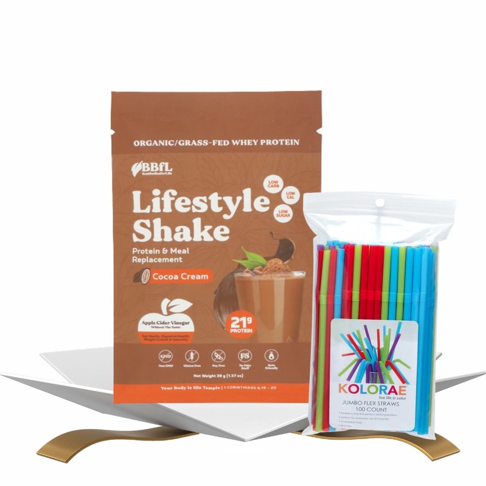 BBfL Whey Protein Cocoa Cream Packet 38.5 g Bundle with Assorted Plastic Flexible Drinking Straws Chocolate Protein Powder with ACV, Prebiotics, and Enzymes for Gut Support Gift Set (2 Items)