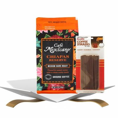 Caf Mexicano Chiapas Reserve Ground-Coffee 12 oz Bundle with Plastic Coffee Stirrers Mexican Coffee Medium-Dark Roast with Hazelnut and Chocolate Notes Gift Set (2 Items)