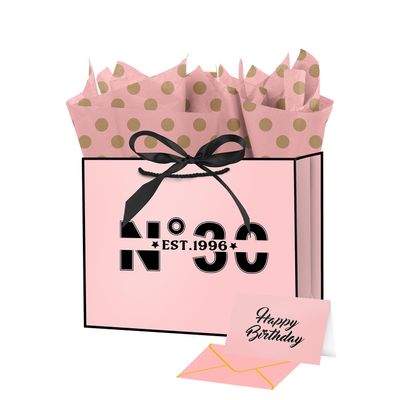 Ranfashiong Large 13" Pink 30th Birthday Gift Bag with Tissue Paper Bow Ribbon and Card for Women Girls Anniversary Party Present (EST.1996 30st)