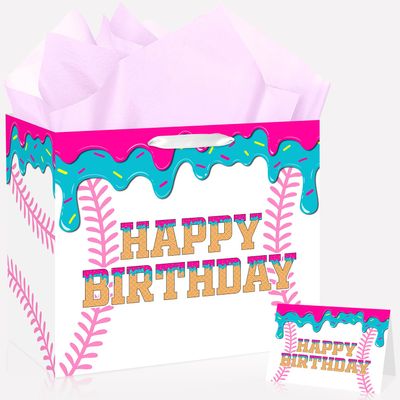 JORHANCE Baseball Drip Birthday Gift Bags With Tissue Paper & Bday Card - Large Wrapping Paper Bag for Ice Cream Drip Baseball Birthday Party Decorations
