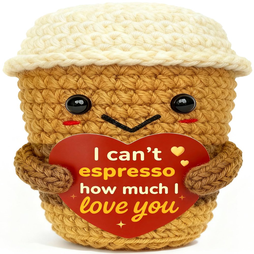 Krinisou I Love You Coffee Gift for Girlfriend Boyfriend Cute Handmade Crochet Espresso Plush, Romantic Gift for Wife Husband, Valentines Day Anniversary Birthday