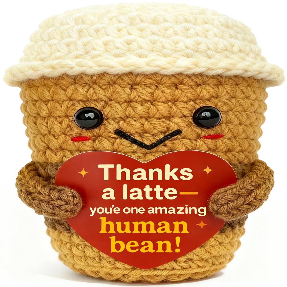 Krinisou Thank You & Appreciation Gift for Women Men, Coworkers, Teachers, Friends Cute Handmade Crochet Thanks a Latte Coffee Cup Plush for Coffee Lovers