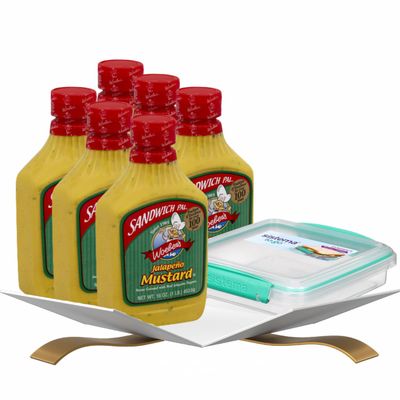 6x Sandwich Pal Jalapeno Mustard 16 oz Bundle with Measuring Spoon Zesty Spread for Sandwiches and Snack Pairings Gift Set (7 Items)