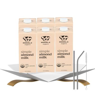 6x Organic Almond Milk 32oz Bundle with Reusable Straw Plant-Based Beverage Made with Organic Almonds & Sea Salt and plant based straw for Enjoyment Almond Milk Unsweetened Gift Set (7 Items)
