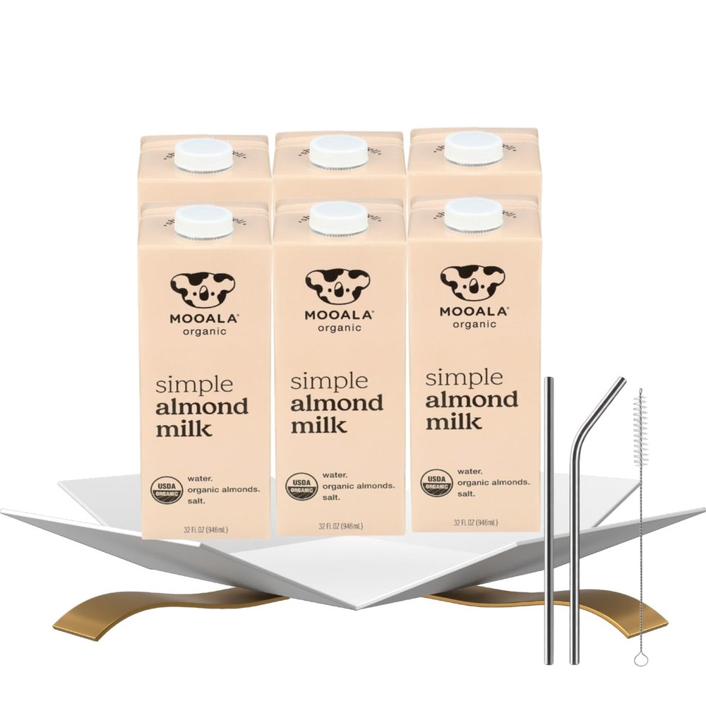 6x Organic Almond Milk 32oz Bundle with Reusable Straw Plant-Based Beverage Made with Organic Almonds & Sea Salt and plant based straw for Enjoyment Almond Milk Unsweetened Gift Set (7 Items)