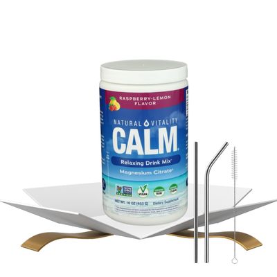 Natural Vitality Calm Magnesium Powder Vitamin Calm Raspberry Lemon (16oz) Bundle with Straw for Relaxing Magnesium Drink and Daily Hydration Support Gift Set (2 Items)