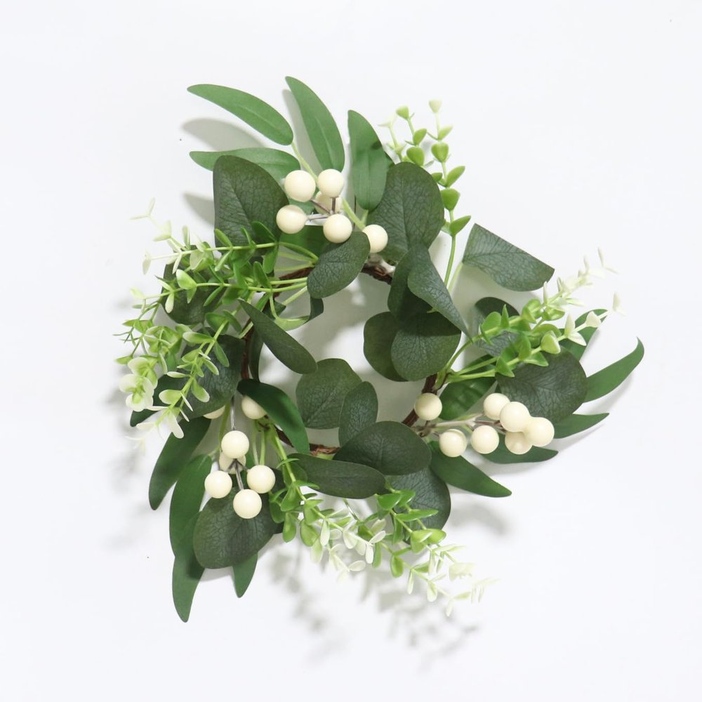 2 Pcs Eucalyptus Candle Ring Small Artificial Wreaths Greenery Leaves Pillar Holder Centerpieces for Wedding Door Wall Window Kitchen Cabinet Farmhouse Decoration(White)