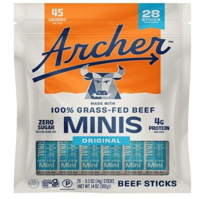 Archer Mini GrassFed Beef Sticks (28-pack), High Protein Snack 28 x 0.5oz Sticks