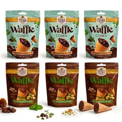Dolce Calma Mini Waffle Cone Bites, Premium Belgian Chocolate Filled Snack, Dubai Chocolate & Chocolate Mint Variety Pack, 15.9 oz (450g), 6 Resealable Packs, Crispy Gourmet Treat