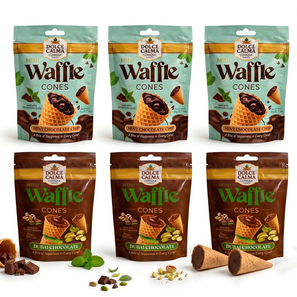 Dolce Calma Mini Waffle Cone Bites, Premium Belgian Chocolate Filled Snack, Dubai Chocolate & Chocolate Mint Variety Pack, 15.9 oz (450g), 6 Resealable Packs, Crispy Gourmet Treat