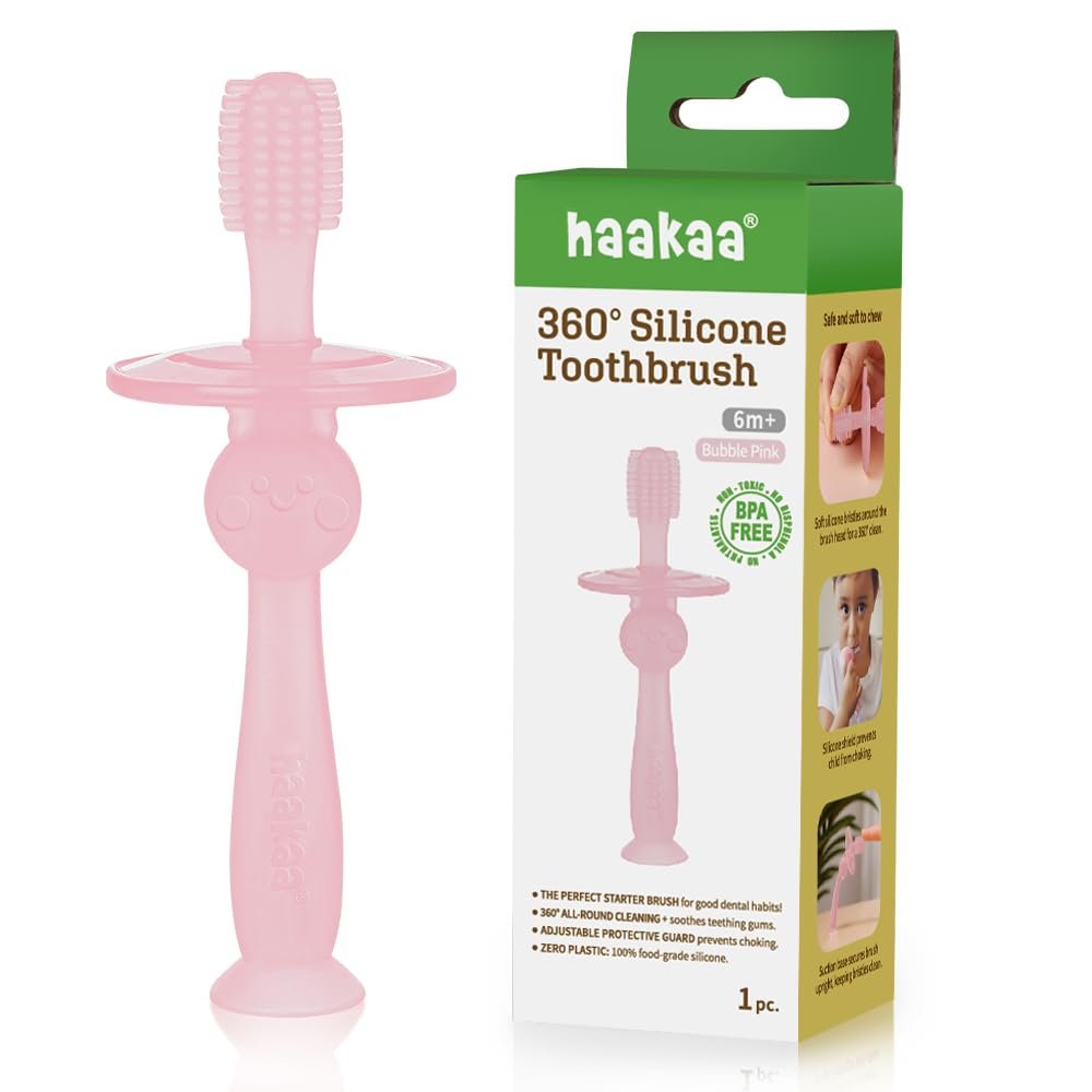 haakaa 360 Silicone Baby Toothbrush 100% Soft Food Grade Silicone, BPA-Free, Suction Base, Safe for Babies 6 Months+, Gentle Gum and Teeth Cleaning for Infants, Gum Massager (Bubble Pink)