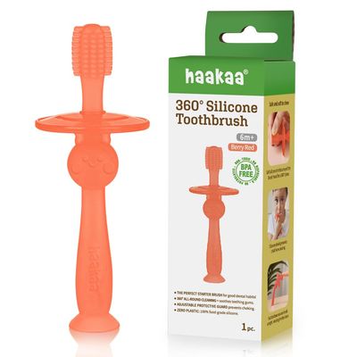 haakaa 360 Silicone Baby Toothbrush 100% Soft Food Grade Silicone, BPA-Free, Suction Base, Safe for Babies 6 Months+, Gentle Gum and Teeth Cleaning for Infants, Gum Massager (Berry Red)