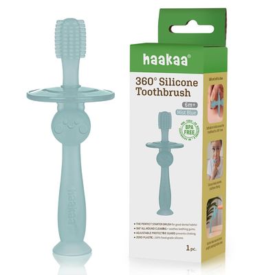 haakaa 360 Silicone Baby Toothbrush 100% Soft Food Grade Silicone, BPA-Free, Suction Base, Safe for Babies 6 Months+, Gentle Gum and Teeth Cleaning for Infants, Gum Massager (Mist Blue)