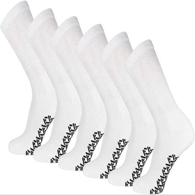 12 Pairs White Unisex Diabetic-Style Crew Socks with Gripper Sole, Loose-Top Comfort, Size 1315