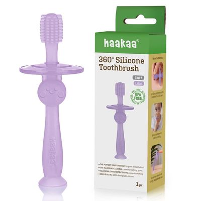 haakaa 360 Silicone Baby Toothbrush 100% Soft Food Grade Silicone, BPA-Free, Suction Base, Safe for Babies 6 Months+, Gentle Gum and Teeth Cleaning for Infants, Gum Massager (Lilac)