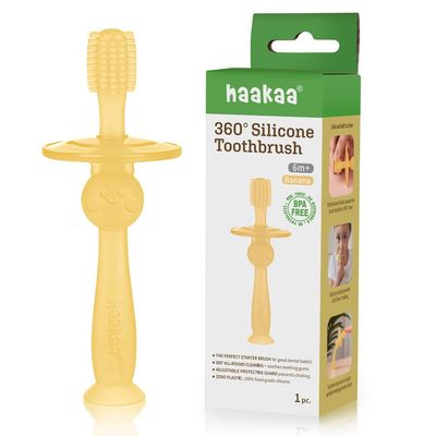 haakaa 360 Silicone Baby Toothbrush 100% Soft Food Grade Silicone, BPA-Free, Suction Base, Safe for Babies 6 Months+, Gentle Gum and Teeth Cleaning for Infants, Gum Massager (Banana)