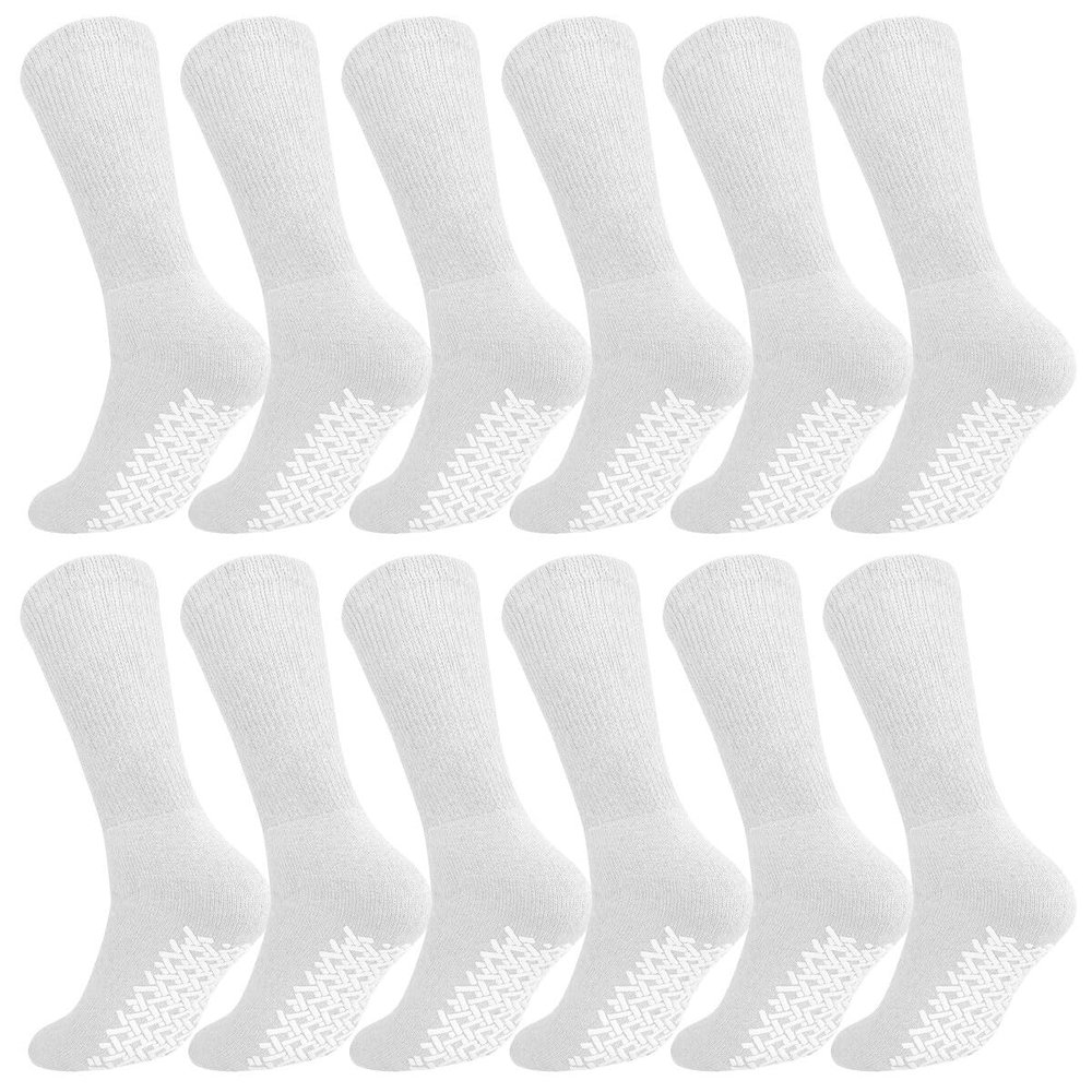 12 Pairs White Unisex Diabetic-Style Crew Socks with Rubber Grip Sole, Loose-Top Comfort, Size 911