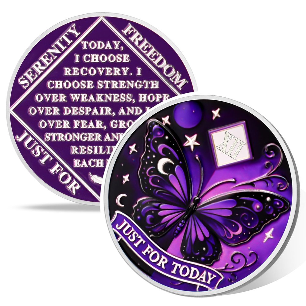 Moonlit Butterfly of Hope 12 Year Sobriety Coin, Affirmation AA Chips, Addiction Recovery Twelve Year Sober Coins, Celebrating Recovery Anniversary Token, NA AA Sobriety Gifts for Men Women