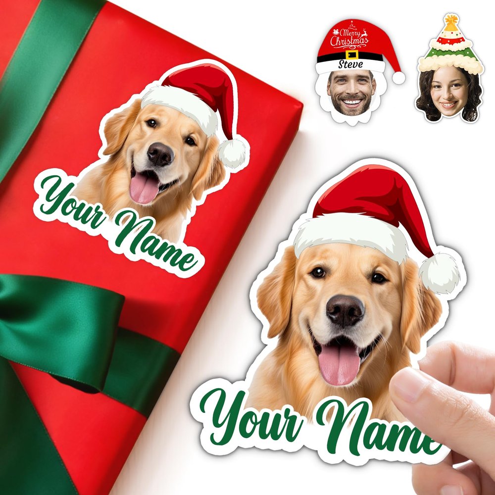 Personalized Christmas Stickers with Photo Face Custom Xmas Santa Hat Labels for Gift Boxes, Party Decorations, Envelopes, 15pcs, Style2 (Photo Name Style)