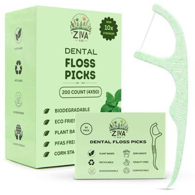 Ziva Eco Dental Floss Picks Biodegradable Mint, PFAS-Free & Plastic-Free | Shred-Resistant Thread | Unbreakable Corn-Starch Handle for Tight Teeth | 200 Count (4 Packs)