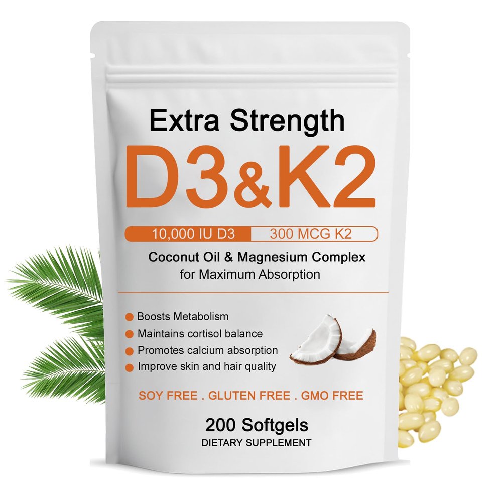 WDVNEX D3 K2 Vitamin 10000 IU Supplements, D3 & K2 Magnesium Complex Softgels, D3 + K2 (Mk-7) | Extra Strength Support Bone & Immune | Improve Energy | Non-GMO, 200 Softgels (1) (1)