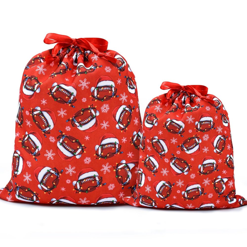 Mshutbna Sport Football Christmas Gift Bags 2pcs Reusable Fabric Drawstring Gift Wrapping Bags for Xmas Presents Party Decorations Holiday Favors 16x12 12x10 inches