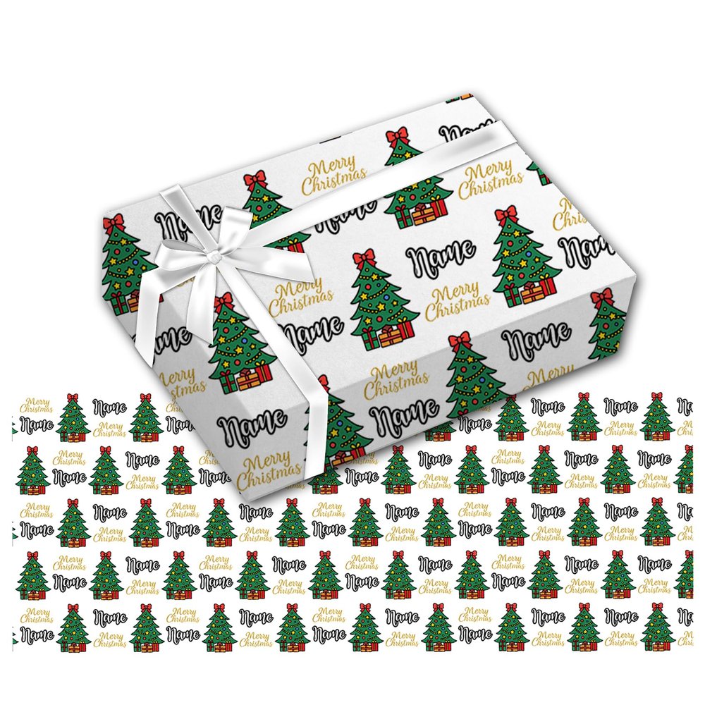 Custom Name Wrapping Paper, Name Logo Christmas Tree Print Wrapping Paper Roll Personalized Gift Wrap with Funny Logo for Mom Mother's Day Birthday Christmas, 1, 2, 3 or 5 Roll