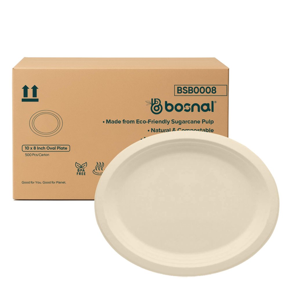BOSNAL 10 Inch Oval Compostable Plates Bulk Box of 500 Pcs (20 Sets of 25), 100% Sugarcane Bagasse, Eco-Friendly Disposable Plates for Hot & Cold Meals, Microwave Safe, BPA-Free & Sturdy