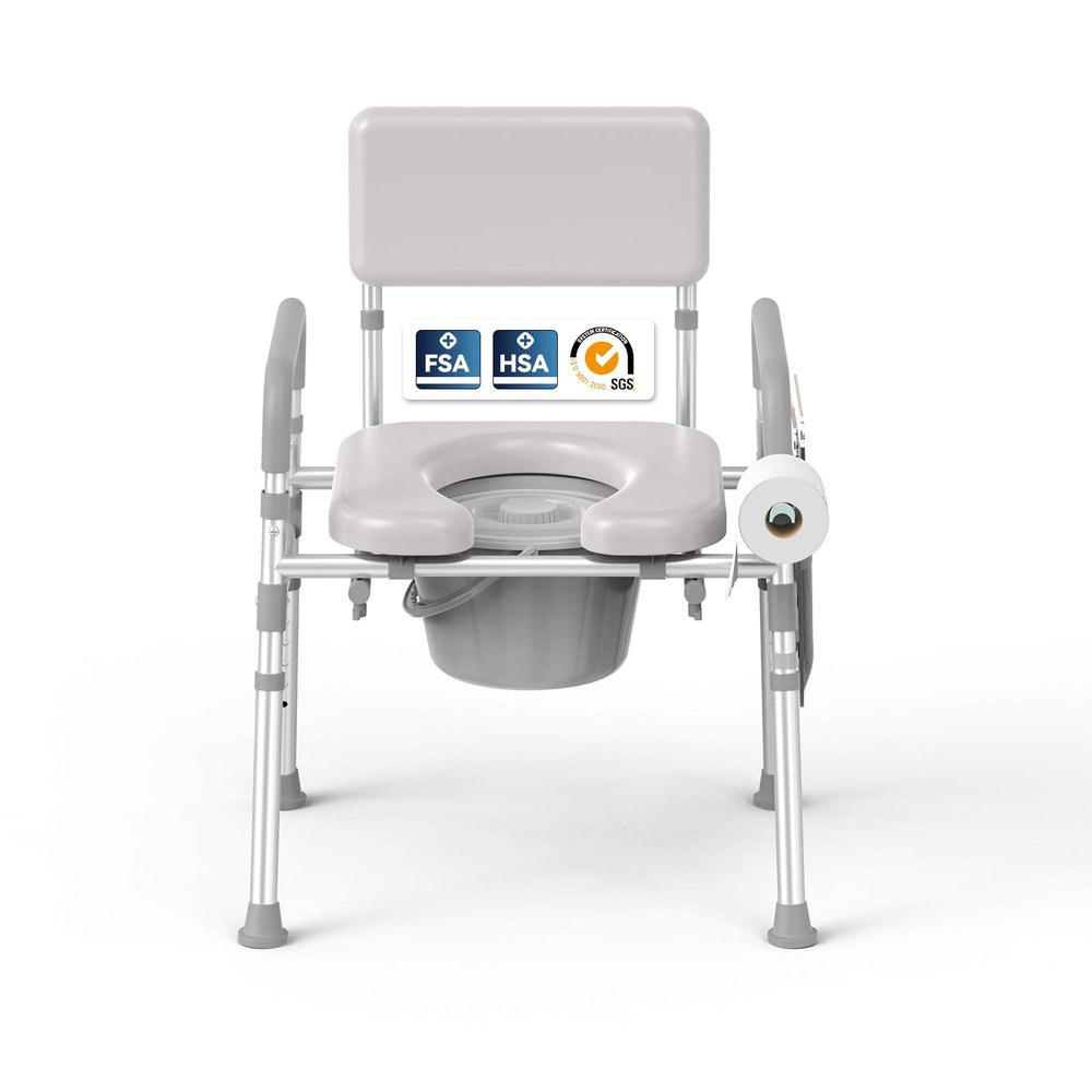 Steadyjoy Bedside Commode with Padded Seat & Backrest, Aluminum Toilet with 6.5 qt Bucket, Easy-Clean, 350 lb Capacity Enhanced Crossbar, Portable Toilet for Seniors with Paper Holder & Newspaper Bag