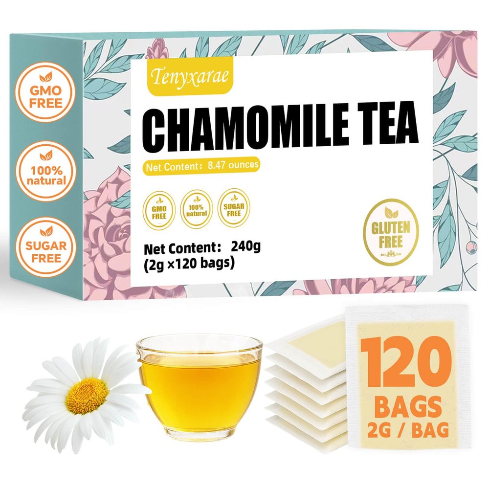 Chamomile Tea Bags120 Tea Bags (2g/Bag), Made from 100% Natural Chamomile Flowers | Helps with Digestion and Improve Sleep | Caffeine-Free | Sugar-Free | Gluten-Free | Vegan | Eco-Friendly Tea Bags
