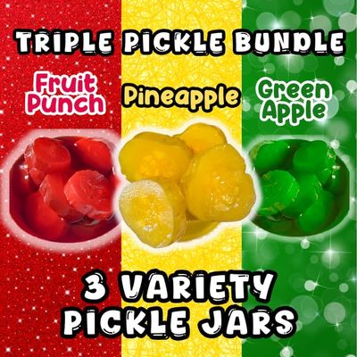 Alky Therapy Triple Pickle Bundle, Candy Flavored Dill Pickles Variety Pack, Fruit Punch, Pineapple, Green Apple, 3 Jars, Perfect for Snacks and Gifts