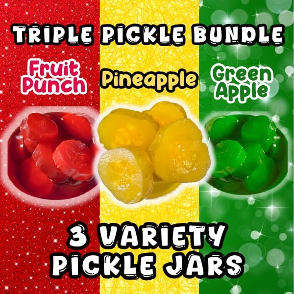 Alky Therapy Triple Pickle Bundle, Candy Flavored Dill Pickles Variety Pack, Fruit Punch, Pineapple, Green Apple, 3 Jars, Perfect for Snacks and Gifts