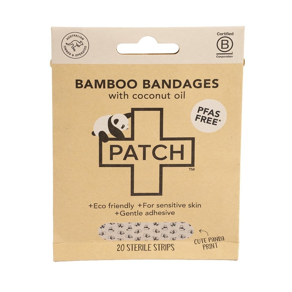 PATCH Eco-Friendly Bamboo Adhesive Sensitive Skin Bandages with Coconut Oil, Hypoallergenic Bandages for Sensitive Skin, Cute Kids Panda Print, Biodegradable, Plastic & Latex Free, 20pk