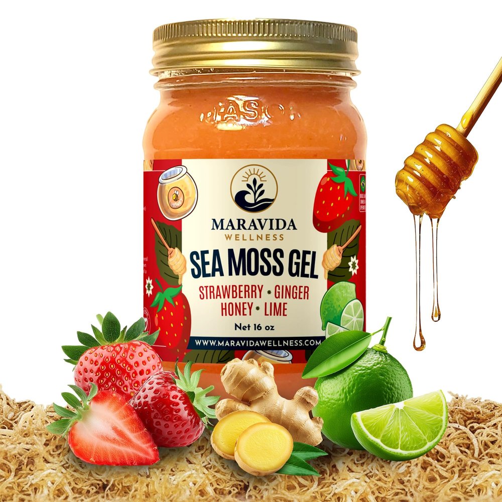 Maravida Wellness Sea Moss Gel Strawberry Ginger Honey Lime | 100% Wildcrafted Irish Sea Moss | Natural Energy, Immunity & Digestion Support 16 oz