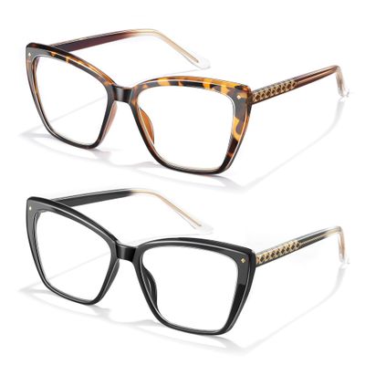 Joylook 2 PACK Reading Glasses for Women Trendy TR90 Blue Light Blocking Metal Frame Readers Stylish Square Cat Eye Eyewear, Black+Tortoise Brown 2 Pack, 2.0x