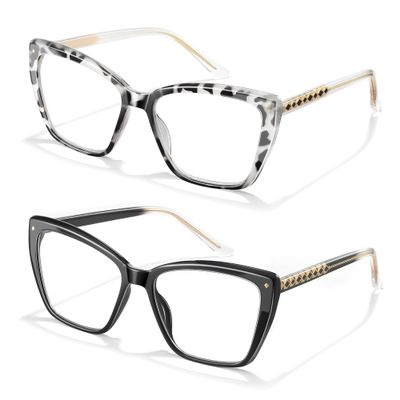 Joylook 2 PACK Reading Glasses for Women Trendy TR90 Blue Light Blocking Metal Frame Readers Stylish Square Cat Eye Eyewear, Black+Tortoise Grey 2 Pack, 1.75x