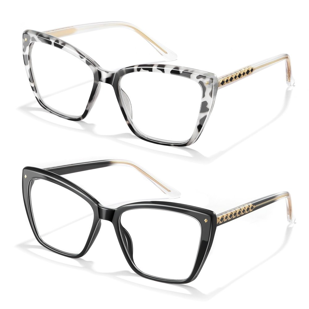 Joylook 2 PACK Reading Glasses for Women Trendy TR90 Blue Light Blocking Metal Frame Readers Stylish Square Cat Eye Eyewear, Black+Tortoise Grey 2 Pack, 1.75x