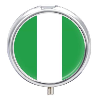 Pill Box Case 3 Compartment with Republic of Nigeria Flag, Portable for Pocket Or Purse Travel Pill Organizer for Vitamins, Medication, Fish Oil and Supplements Daily Use Round