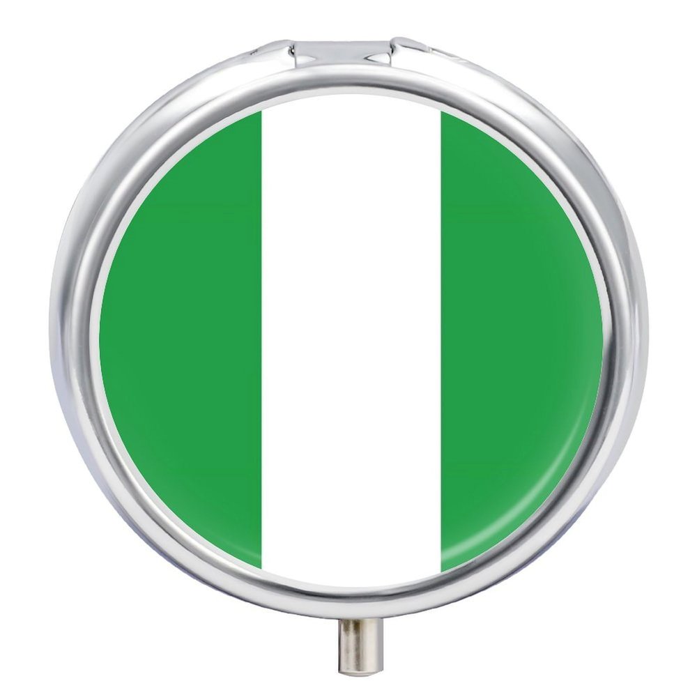 Pill Box Case 3 Compartment with Republic of Nigeria Flag, Portable for Pocket Or Purse Travel Pill Organizer for Vitamins, Medication, Fish Oil and Supplements Daily Use Round