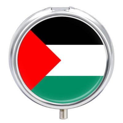 Portable Pill Case, Travel Multi-Functional Proof Pill Box for Purse & Pocket, with Palestine Flag Metal Medicine Organizer Box for Vitamins, Fish Oil & Supplements Round