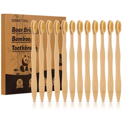 DEBETOOL 12 Pack Bamboo Toothbrushes - Natural Boar Bristle Toothbrush for Gum Health & Teeth Whitening, Wooden Organic Toothbrushes for Adults (Plastic Free)